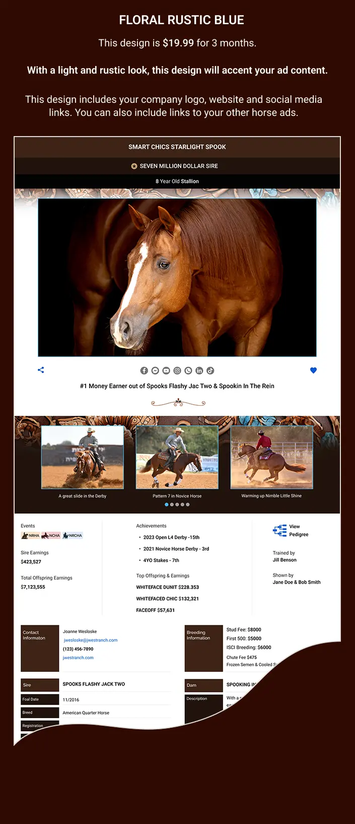 Floral rustic blue horse ad sample.