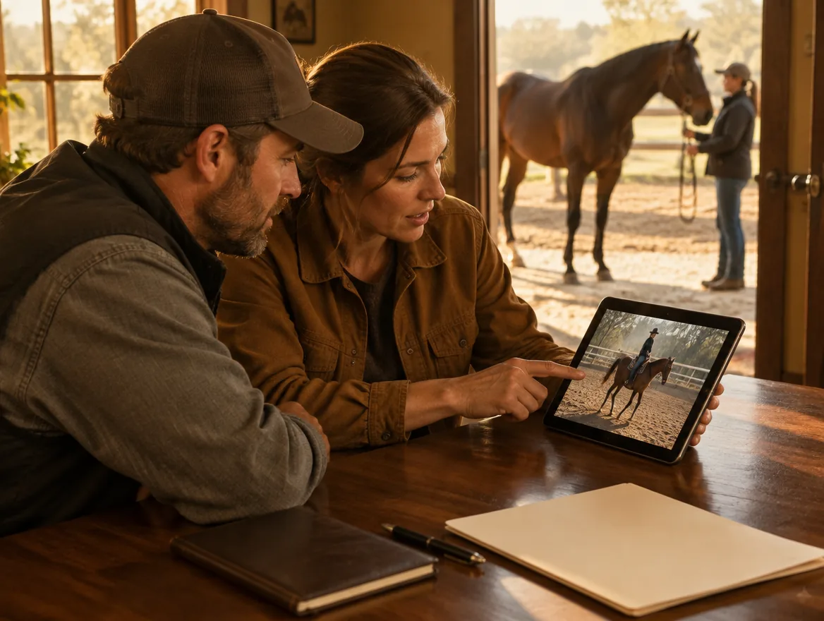 Two people reviewing a horse-and-rider video on a tablet, with a horse and handler outside.