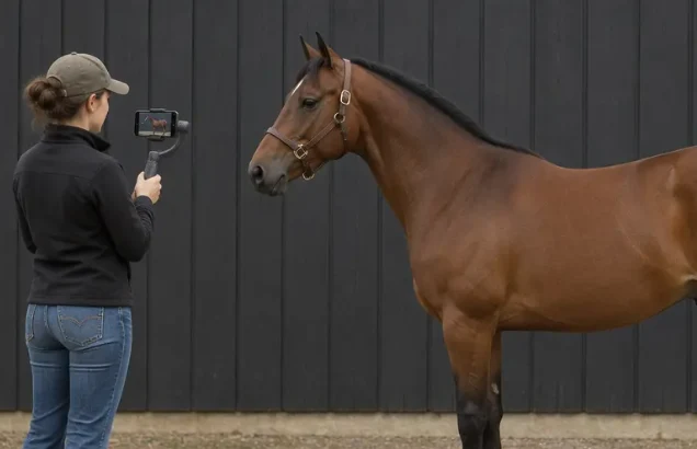 A woman filming a horse with a phone mounted on a stabilizer.
