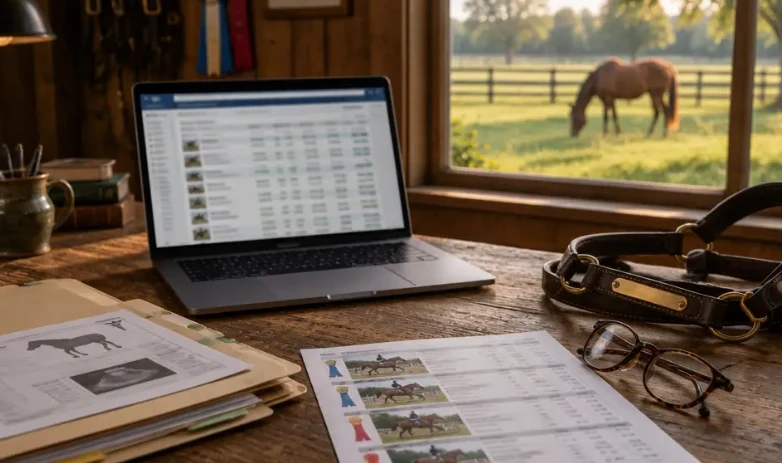 A laptop, horse listings, and paperwork on a desk overlooking a paddock.