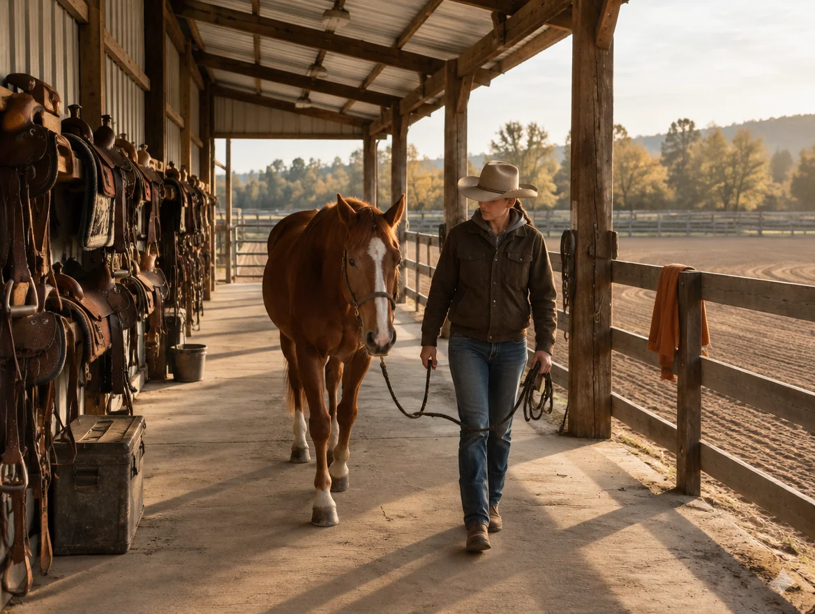 A person leading a chestnut horse through a covered ranch walkway lined with western saddles.